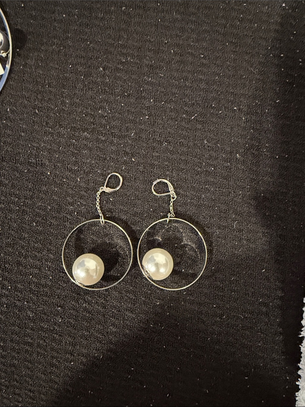 Hoop Drop Earrings - White Pearl accented Silver Hoop